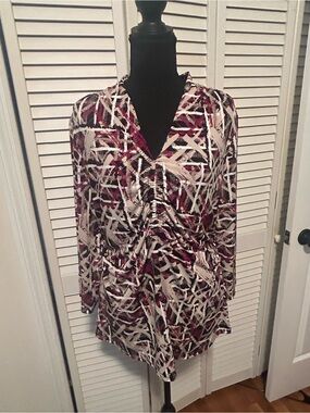 Alfani Burgundy and Cream Abstract V-Neck Tunic